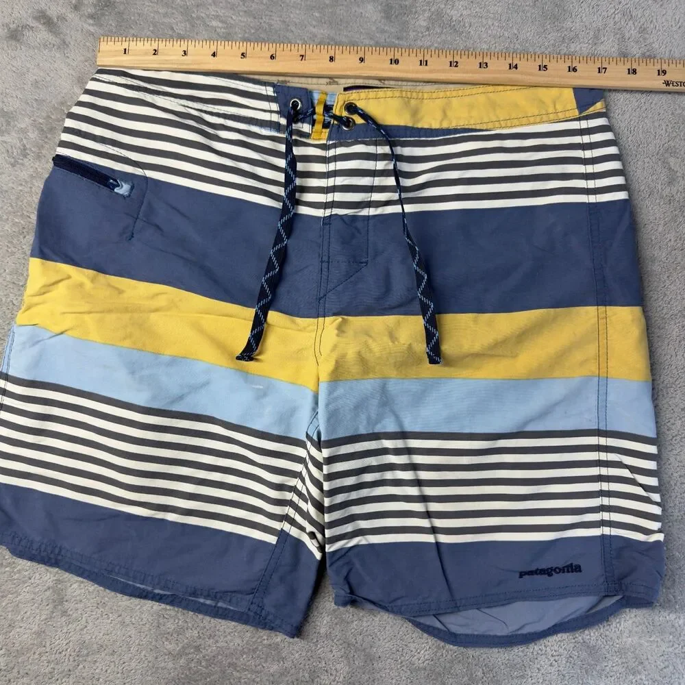Patagonia Swim Trunks Mens 34 Yellow Blue Wavefarer Board Shorts Striped Outdoor